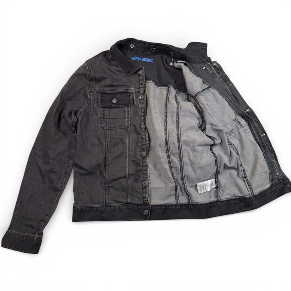 Zadig & Voltaire Noah Faded Black Denim Trucker Jacket Skull Patch Womens 14-S - Picture 14 of 15